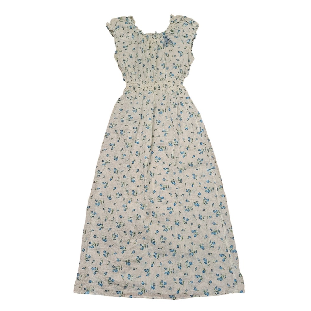 Katz S Maxi Dress White Blue Floral Seersucker Dainty Ditzy Feminine Cottagecore